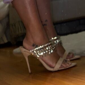 Nude with rhinestone slide on heels